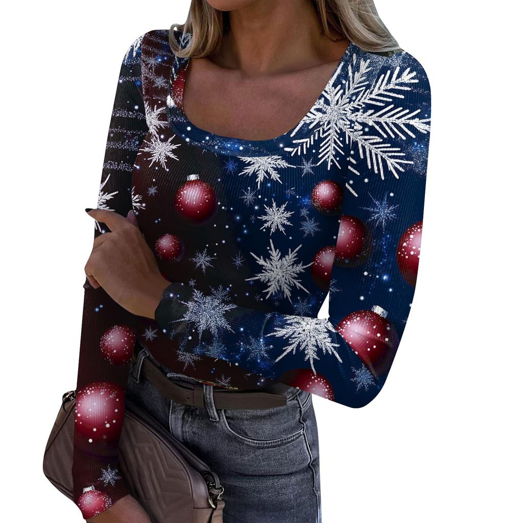 Женская модная футболка с тонким низом, рождественский принт, пуловер с U-образным вырезом и длинными рукавами