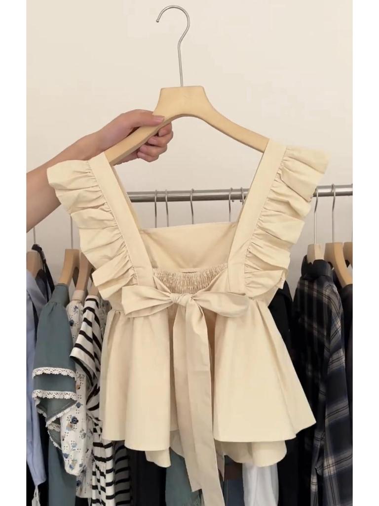 First Love Women's Square Neck Flutter Sleeve Babydoll Top with Bow Lace-up Detail