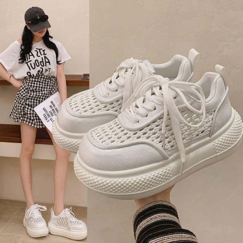 CO2026 Summer Mesh Lace-Up Sponge Cake Thick-Soled White Shoes for Women