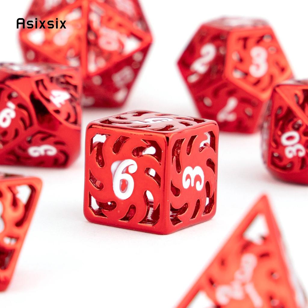 7 Pcs White Red Rotary Windmill Metal Dice Hollow Metal Polyhedral Dice Set Suitable for Role-Playing RPG Board Game Card Game