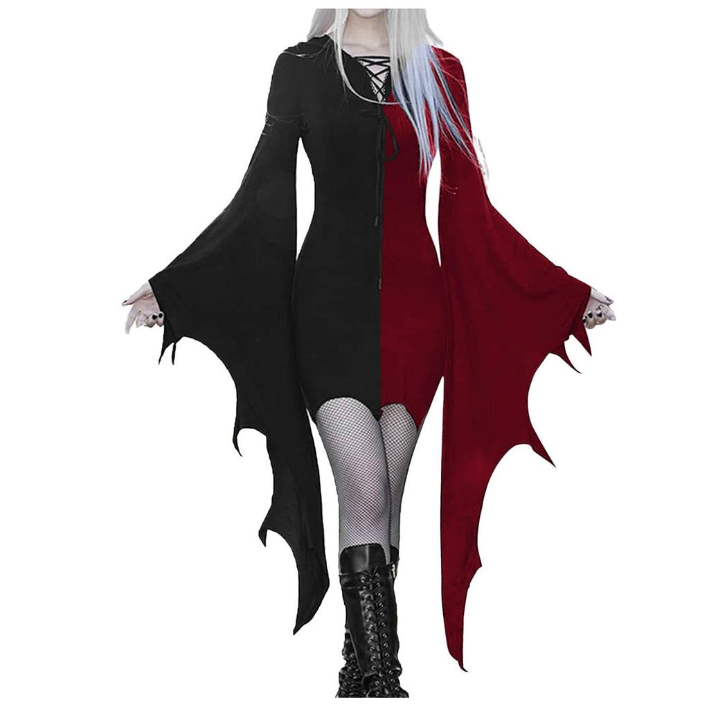 Women's Fashion Gothic Punk Patchwork Colour Wide Sleeve Strappy Dresses