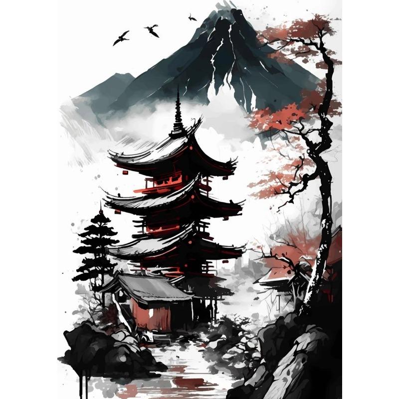 Японский Природный Пейзаж Горный Храм Холст Живопись Красный Черный Постеры Винтажное Искусство Настенные Принты для Комнаты Домашний Декор