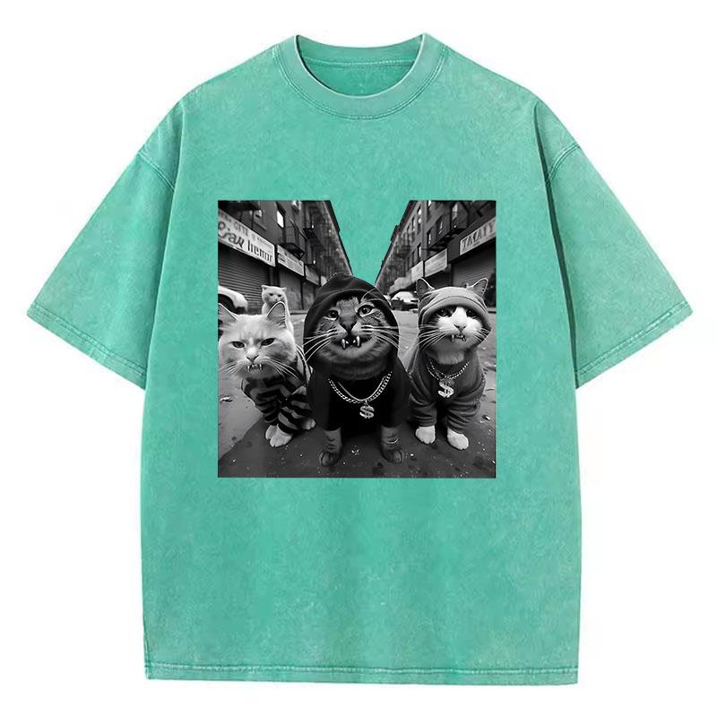 Уличная футболка с кошкой в стиле хип-хоп Винтажная стираная хлопковая футболка Графическая футболка Повседневная уличная одежда Весенняя летняя футболка