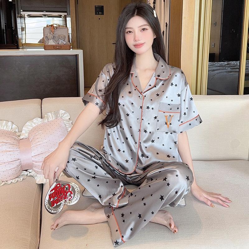 French retro leopard print fashion temperament ins ice silk satin pajamas women's loungewear short-sleeved trousers set