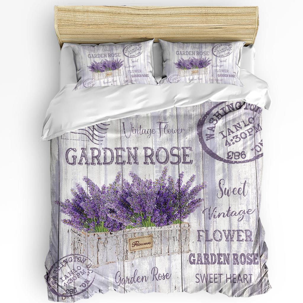 Flower Lavender Kettle Vintage Postcard Wood Duvet Cover With Pillow Case 3pcs Bedding Set Quilt Cover Double Bed Home Textile