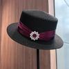 French rhinestone satin webbing straw hat female elegant light luxury retro adjustable sun hat travel versatile sun protection hat