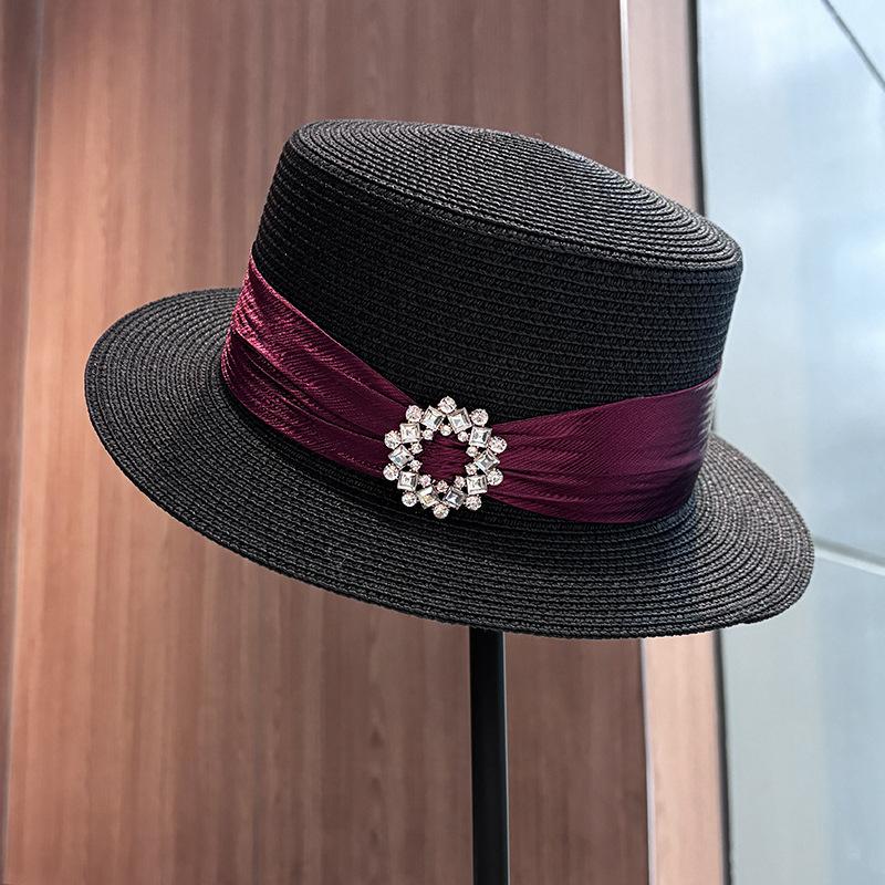 French rhinestone satin webbing straw hat female elegant light luxury retro adjustable sun hat travel versatile sun protection hat