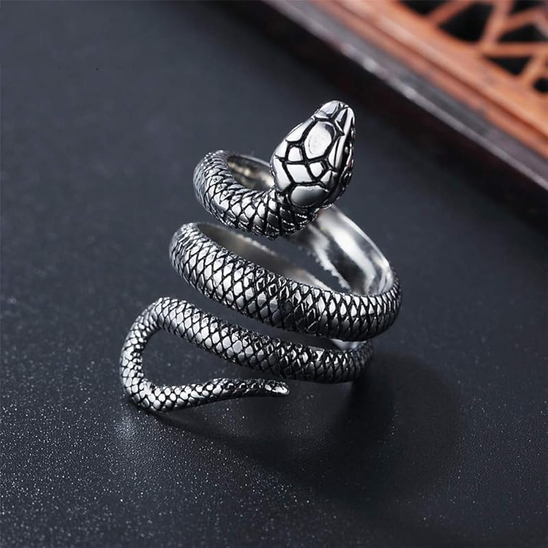 [Rockyu] Ring Men's Free Size Silver Black Snake Snake Snake Ring Finishing Titanium Ring Amulet Good Luck Amulet Ring Cool Snake Shape Free Hip Hop