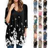 Womens Tops V-neck 3/4 Sleeve Blouses Casual Mid-length Shirts Fashion Print Tunic Tops With Pockets