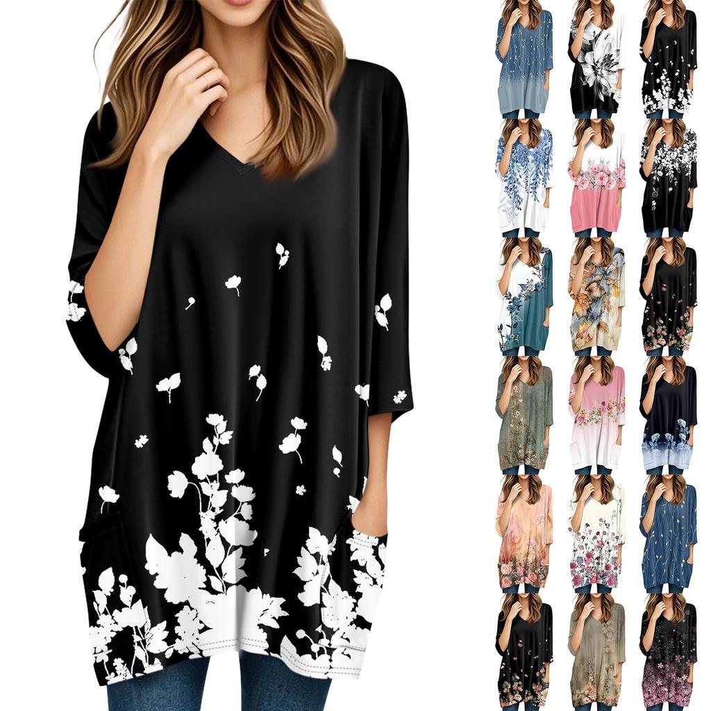 Womens Tops V-neck 3/4 Sleeve Blouses Casual Mid-length Shirts Fashion Print Tunic Tops With Pockets