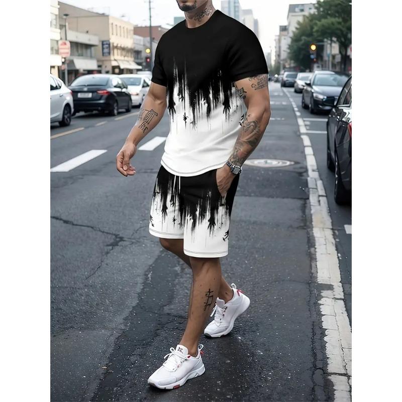 Новая футболка с градиентной текстурой, мужская летняя двухкомпонентная футболка, новый костюм с шортами, модная уличная повседневная спортивная одежда для мужчин, модели