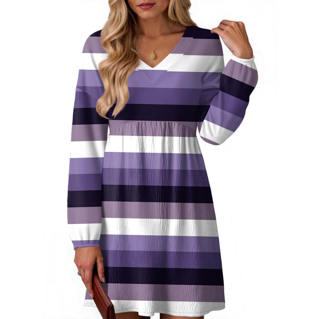 Женское модное платье в полоску с V-образным вырезом и длинными рукавами