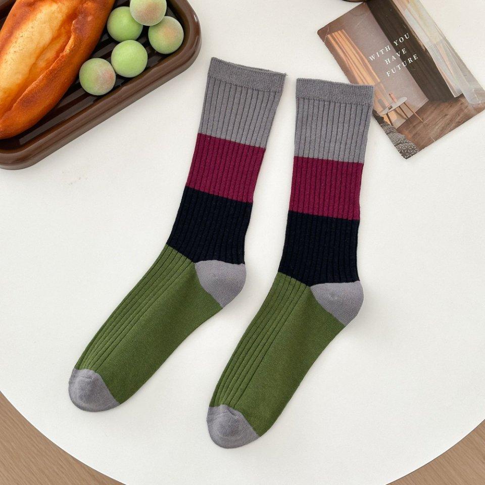 Осенне-зимние полосатые носки с цветовыми блоками, ретро-носки до середины икры, связанные двойной иглой, стильные и стройнящие длинные носки