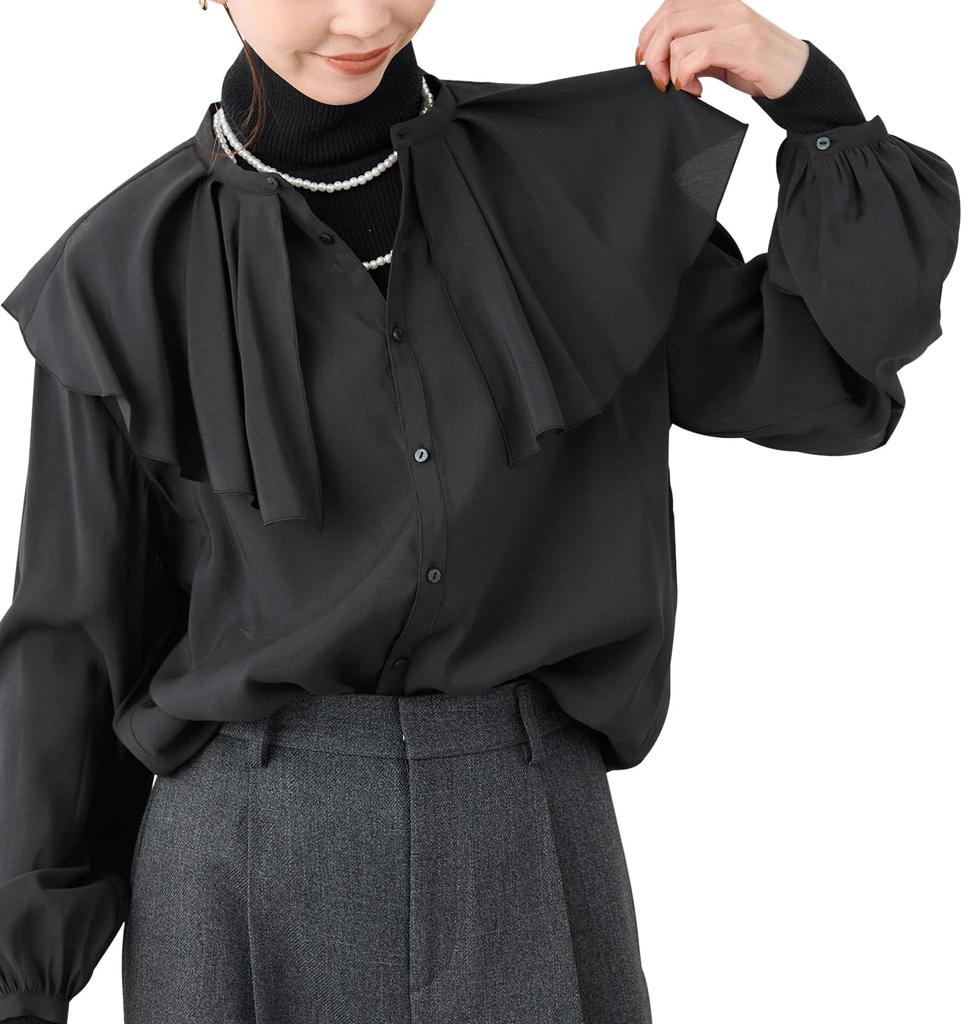 ROPE PICNIC Frill Collar Black Women's Blouse, (01)