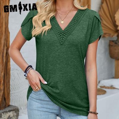 Женские модные повседневные летние однотонные свободные блузки и рубашки с v-образным вырезом и короткими рукавами с принтом и лепестками