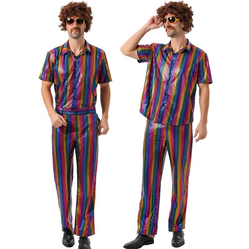 Хэллоуин Мужской Ретро 70-х Диско Хип-хоп Костюм Хиппи Элвис Принтованная Рубашка Комплект
