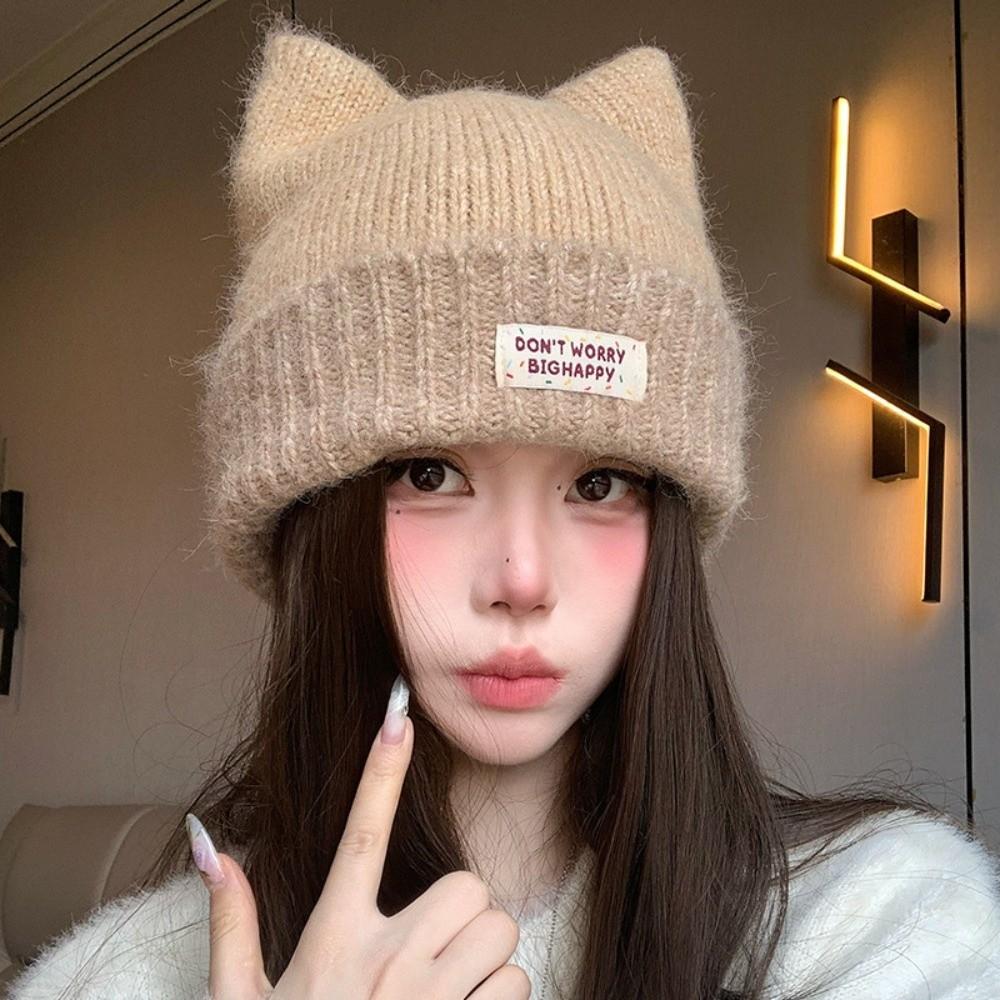 56-58cm Cat Ear Beanie Warm Lining Fall Winter Knit Hat Fleece Lined Knitted Hat Cold Weather