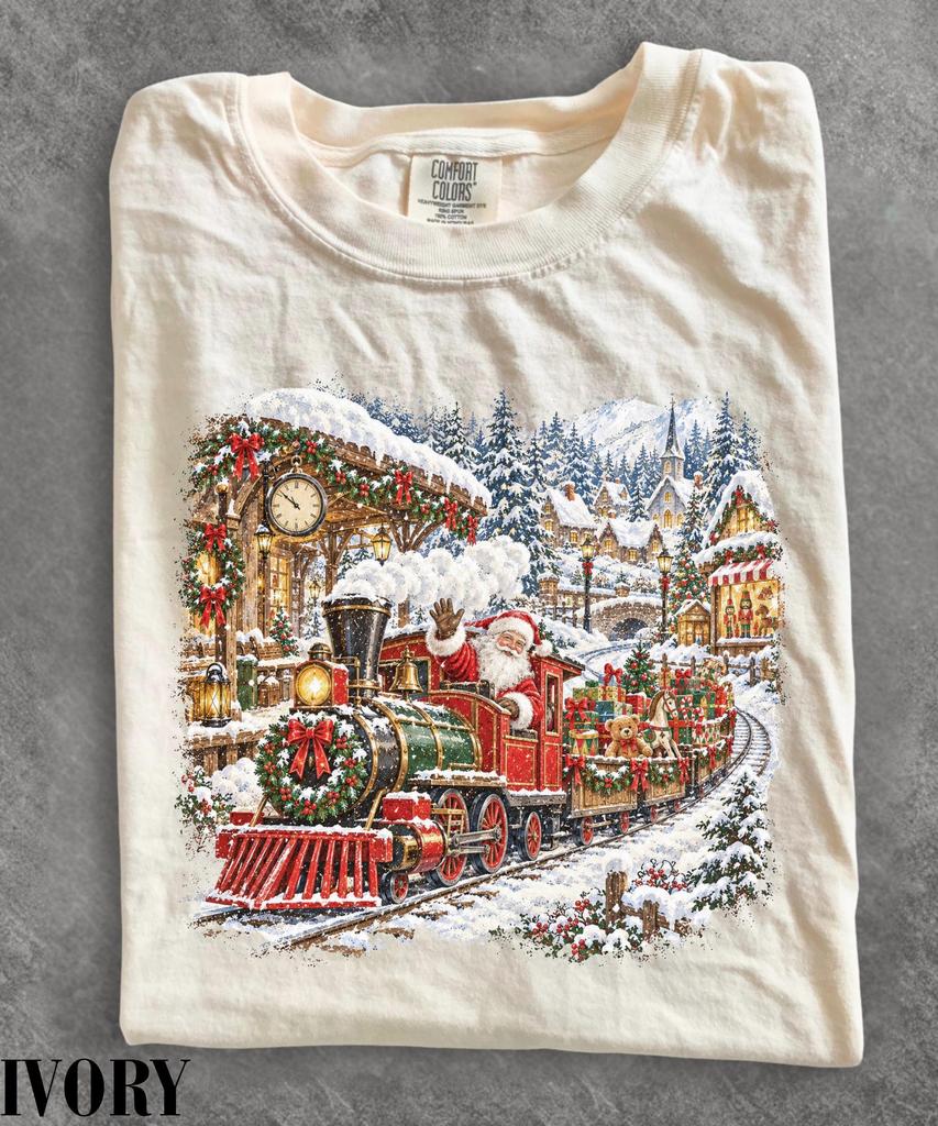 Vintage Santa Train Shirt, Retro Christmas T-Shirt, Christmas Train Locomotive Tee, Nostalgic Holiday Shirt, Santa Claus Railway Gift
