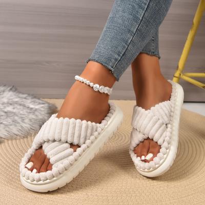 Модные женские вельветовые домашние тапочки с перекрестными ремешками, мужские мягкие теплые плоские шлепанцы, семейные комнатные модные лаконичные плюшевые сандалии на четыре сезона