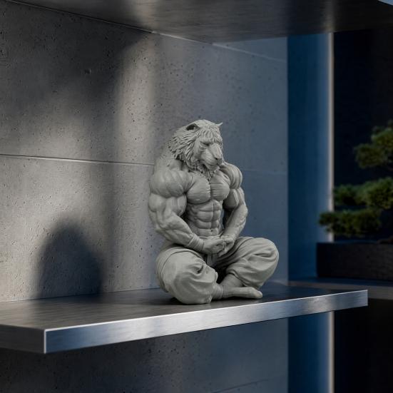 Yousheng 3D Printed Tiger Man Figurine, Muscular Tiger Figure Ornament, Minimalist Animal Sculpture with Muscular Details, Zen Posture Desktop