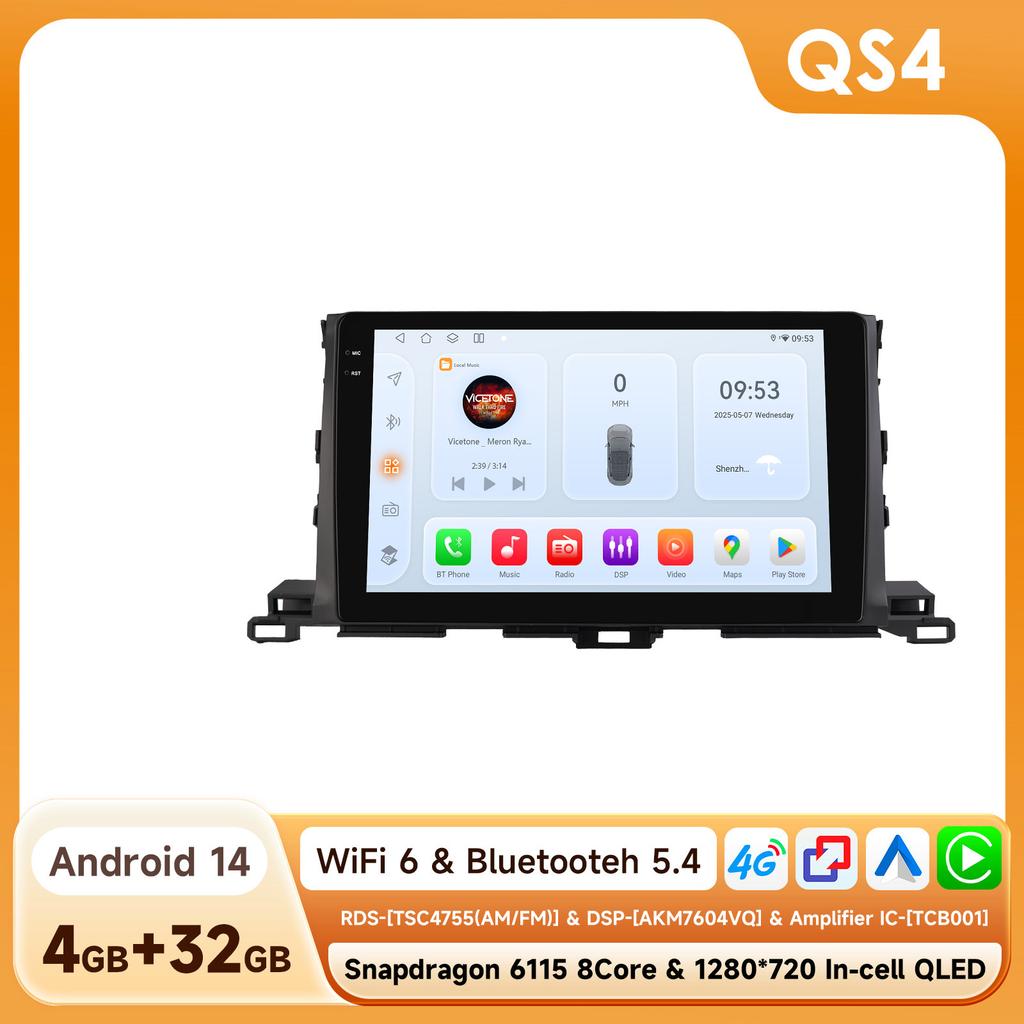 OSSURET 10.1"360 Камера Android 14 Автомагнитола Для Toyota Highlander 2014 2015 2016 - 2019 Мультимедиа Snapdragon 6115 Авторадио GPS Carplay