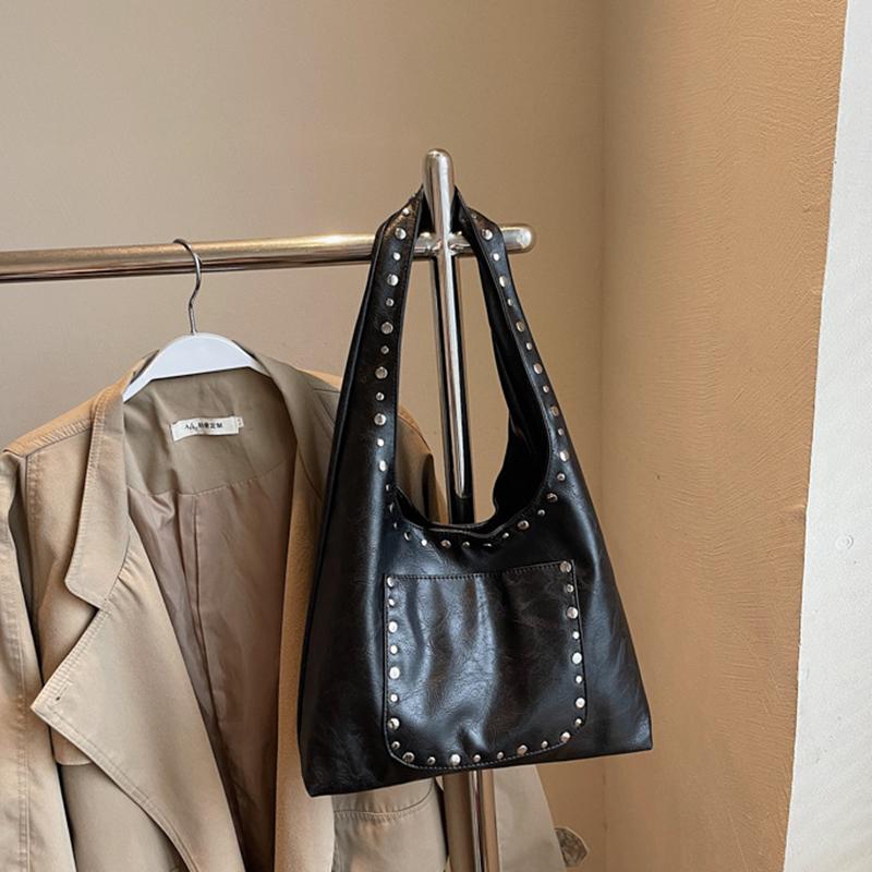 Женская ретро сумка-тоут с заклепками, однотонная, для поездок на работу, путешествий, шопинга, универсальная, большой вместимости, на плечо, CLE