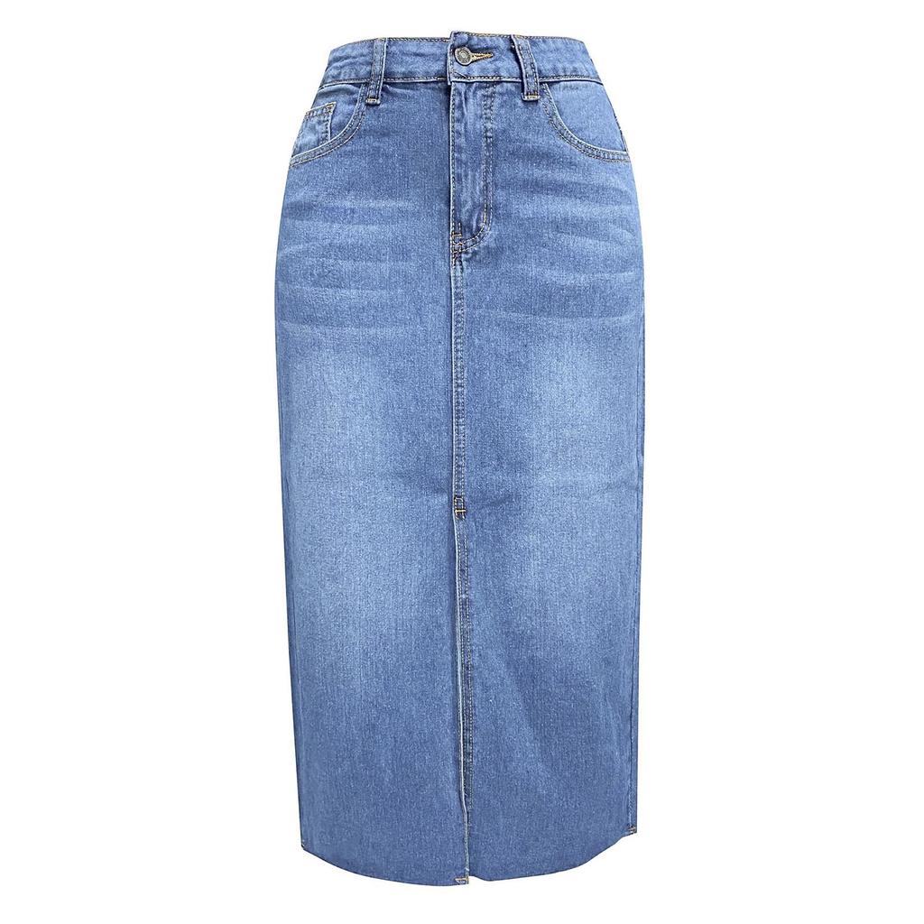 Women's Split Denim Skirt Women's High-waisted Washed A-line Skirt MIDI Skirt
