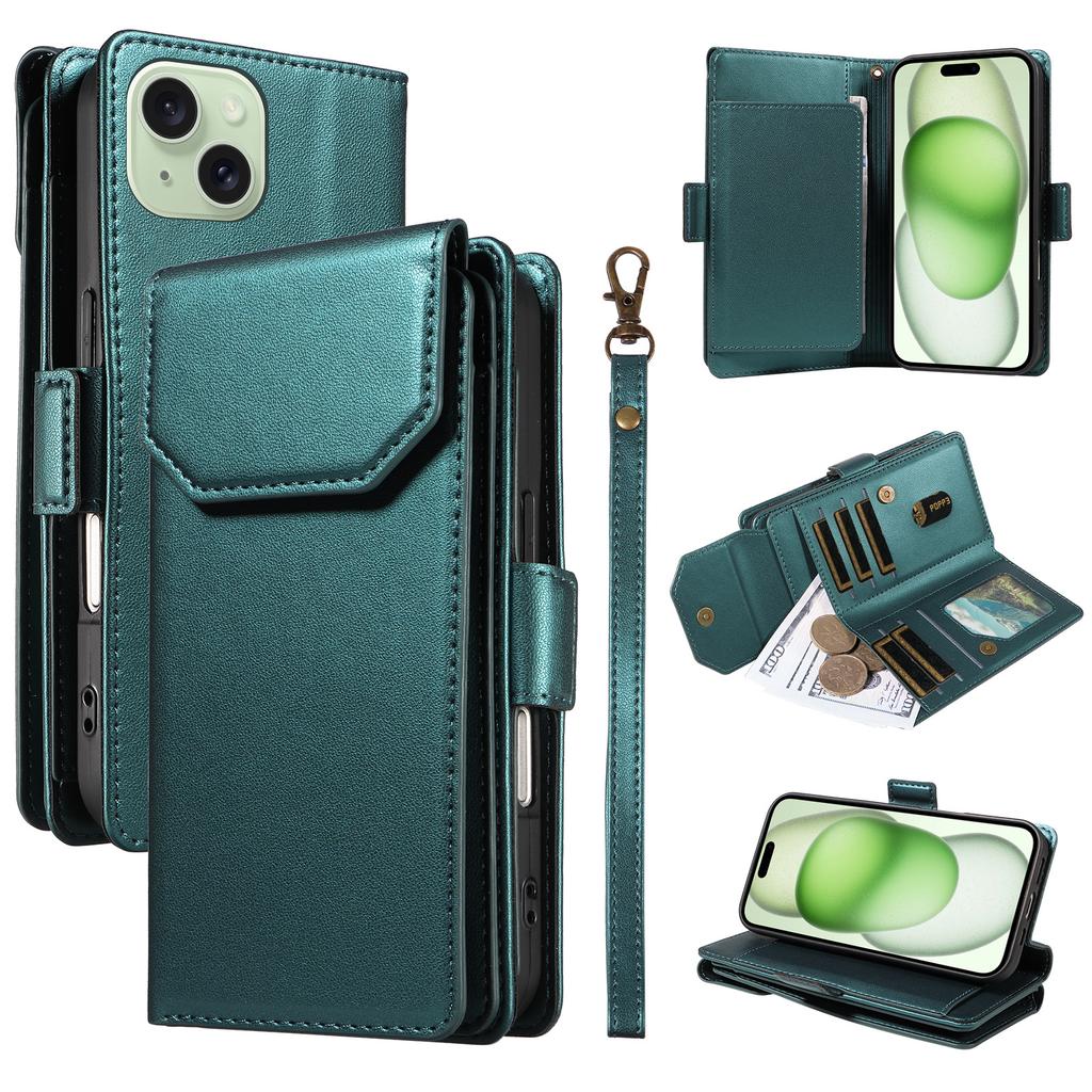 For iPhone 15 Case with Multi-Card Holder and Strap PU Leather Phone Cover Stand