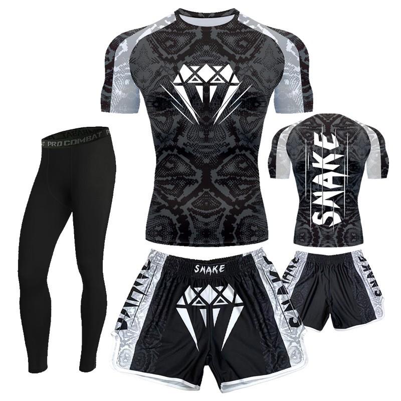 Mens Boxing Training Set Quick Dry Compression Top Shorts MMA Muay Thai Gym Workout