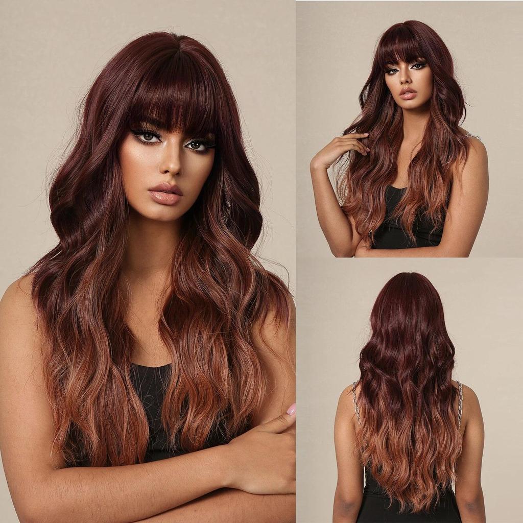 LOUIS FERRE Черные волнистые синтетические парики для женщин, натуральные длинные волосы с челкой, парик из термостойкого волокна для ежедневного использования