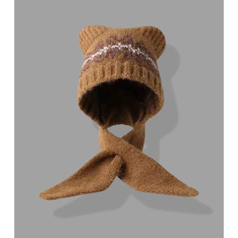 Женский милый комплект шапка и шарф с мишкой из смесовой шерсти - Зимний теплый, стройнящий и вязаный с ушками.