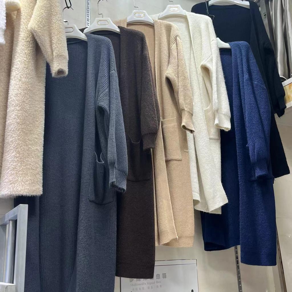 Темпераментный универсальный длинный рукав в ленивом стиле, удобный грубый свитер, свитер выше колена, осенний кардиган средней длины с большим карманом, женская одежда