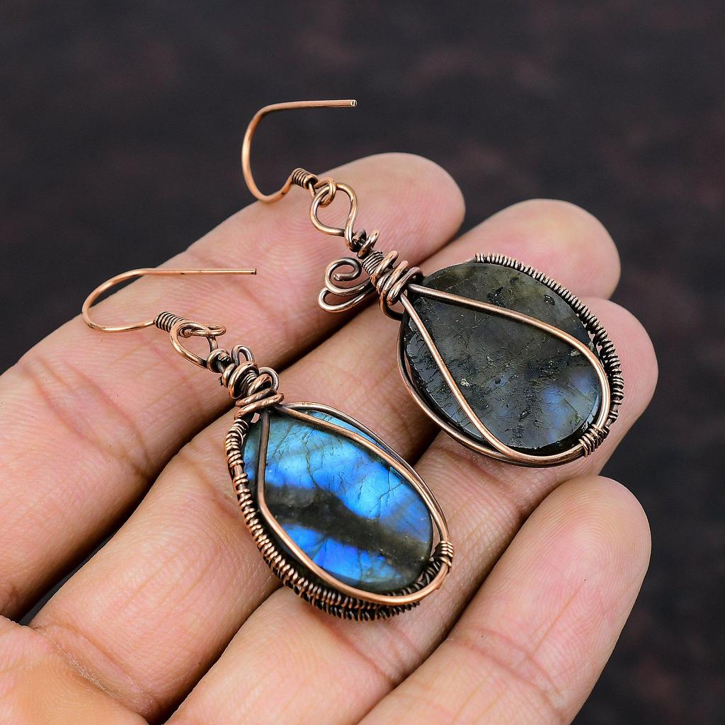Labradorite Earring Copper Wire Wrapped Earrings Handmade Copper Jewelry Genuine Gemstone Earring Wire Wrapped Jewelry Special Occasion Gift