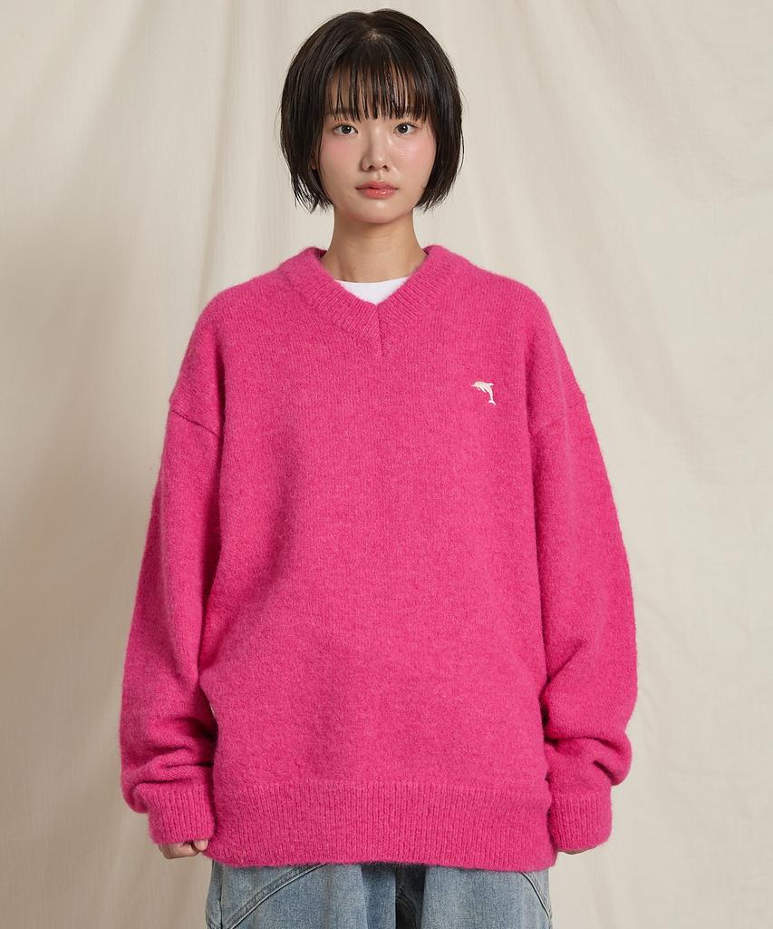 WAIKEI Dolphin Hairy V-Neck Knit Pink