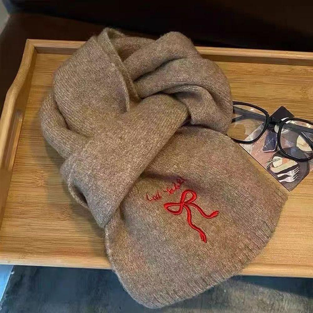 Bow Embroidered Neck Warmer Thicken Knitted Scarf Soft Shawl Outdoor