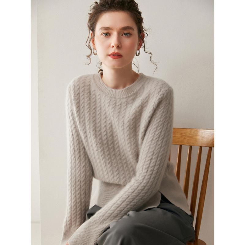 Women's Cashmere Round Neck Cable Knit Sweater - Thick, Loose Cuffs, Slit Design