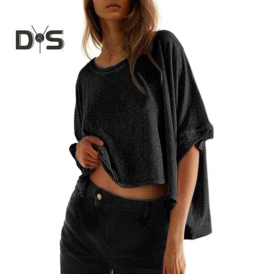 Женская летняя футболка с круглым вырезом и рукавом «летучая мышь», свободный крой, однотонная летняя повседневная футболка-пуловер, топы на каждый день