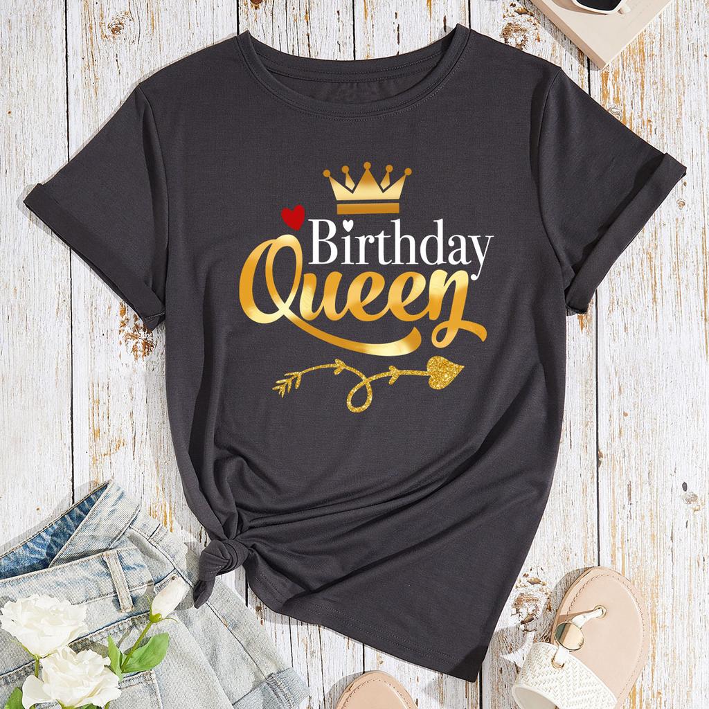 Queen Birthday Pattern Cotton T-Shirt Short Sleeve Round Neck Women 2d Print Tops