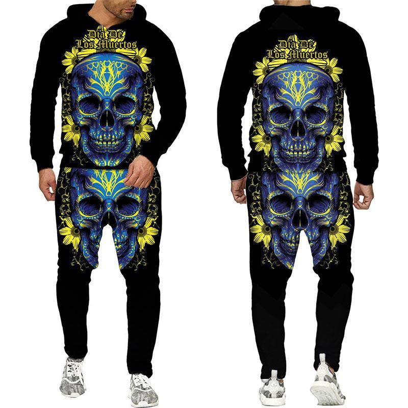 Новинка, спортивный костюм из 2 предметов с 3D принтом черепа и цветов, Мужская крутая толстовка с капюшоном + брюки, спортивный костюм унисекс, повседневная уличная одежда в стиле хип-хоп