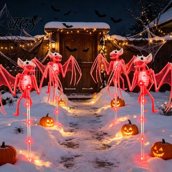 Decorative Horror Yard Ornaments Solar Skeleton Stake Light, Halloween Glowing Skull Garden Decor Waterproof Stakes for Path with Cloak, Outdoor Lawn