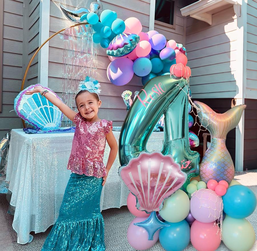 Mermaid Shell Themed Balloon Set with Numbers 1-9th Blue Purple Pink Latex Foil Balloons for Girl Princess Birthday Party Decor