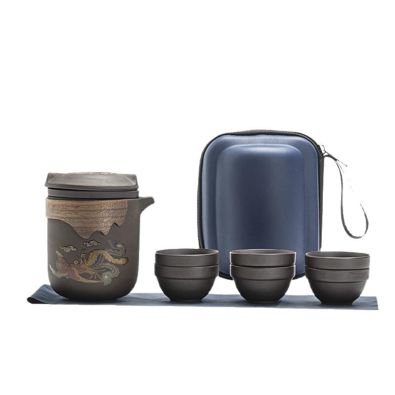 Travel tea set set bag, outdoor express cup, purple sand ceramic, a pot of six cups, heating color-changing business gifts