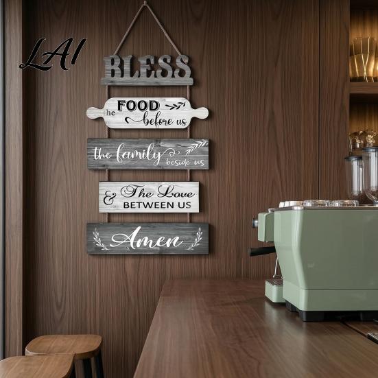 Modern Rustic Home Accents Wooden Kitchen Wall Decor 5 Panel Bless Food Family Love Waterproof Art Hanging Sign Farmhouse for Dining Room