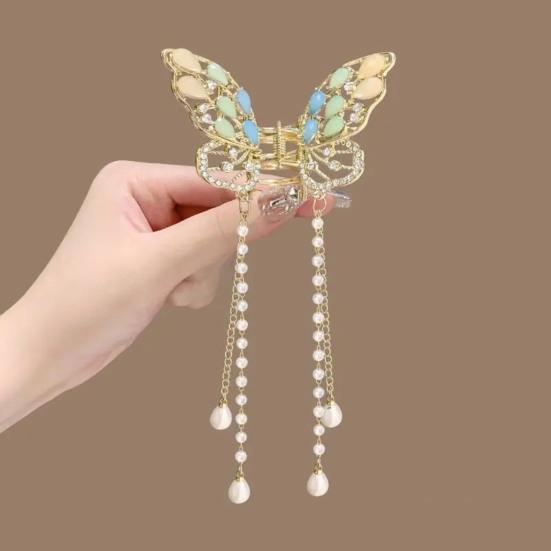 Hair Claw Long Fringe Faux Pearls Butterflies Decor Hair Clips Women Girls Hairstyles Home Outdoor Playing Hair Decoration