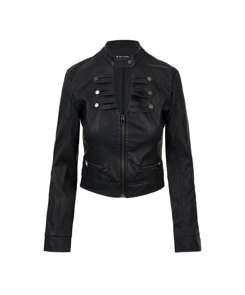 GILAARCHIVE Choker Napoleon Crop Leather Jacket_Black