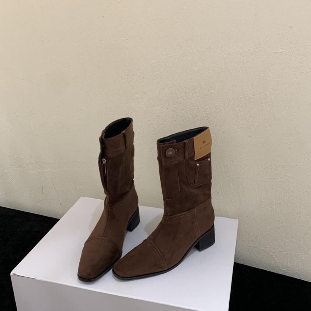 Осенне-зимние ботинки 2025 новые французские полусапоги на толстом каблуке, высокие ботинки, плиссированные ботинки с мехом