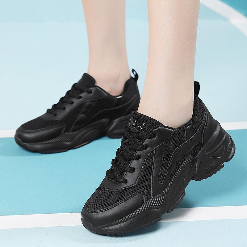 Полностью черные кроссовки на платформе в стиле 'dad shoes', дышащая сетка, спортивные повседневные туфли, легкая мягкая подошва, нескользящие, удобные туфли