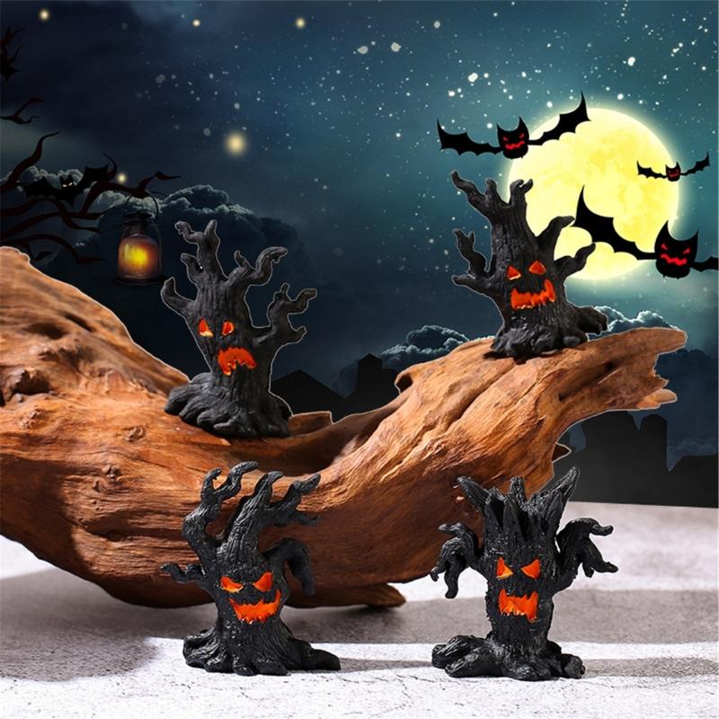 62KD 4Pcs Horror Tree Ghostly Halloween Miniature Resins Ornaments for Home Decors