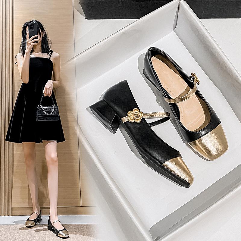 Coarse Heel Single Shoes Women's Spring and Autumn New Shallow Mouth Square Head Grandma Shoes with Skirt Fairy