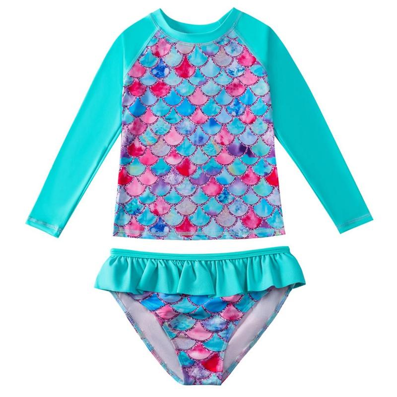 Girls' Two-Piece Split Swimsuit Sweet Long Sleeve Cartoon Fish Scale Print Pullover With Ruffle Briefs Swimwear Set Beach Wear